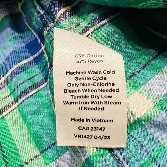 Talbots Women's Button Up Size Large Green Blue Plaid Long Sleeve Collared - Picture 6 of 6